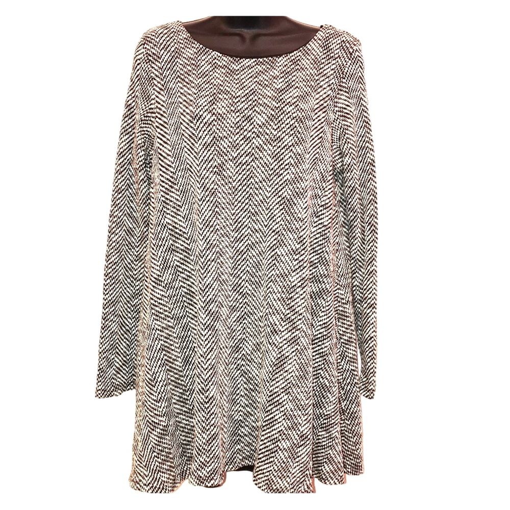 Runway Seven Open Back Dress Large Black Cream Herringbone Long Sleeve Mini